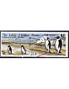 Timbre des TAAF P.A. n° 124, Piste de Terre Adélie, de Bernard Buffet, manchots, collection timbres des DOM TOM