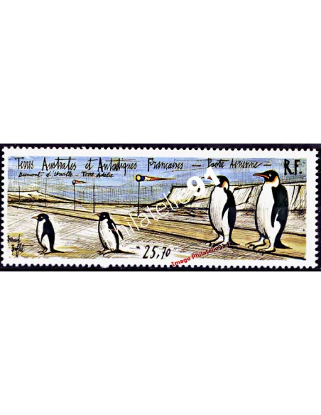Timbre des TAAF P.A. n° 124, Piste de Terre Adélie, de Bernard Buffet, manchots, collection timbres des DOM TOM