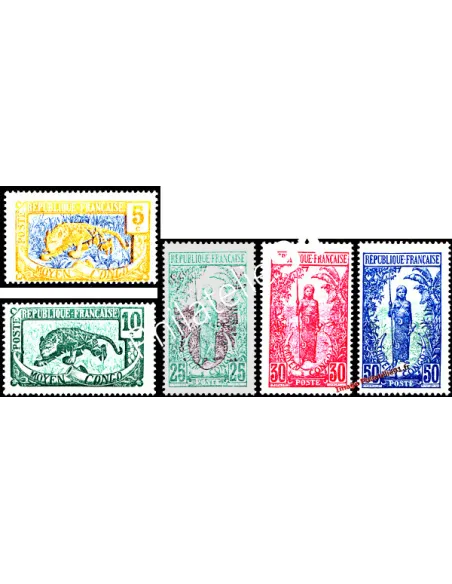 Moyen-Congo n° 67 à 71, panthère, femme Bakalois, timbres des colonies