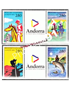 Timbres  d'Andorre Français n° 450A et 450B- Thématiques Tourisme et Sport