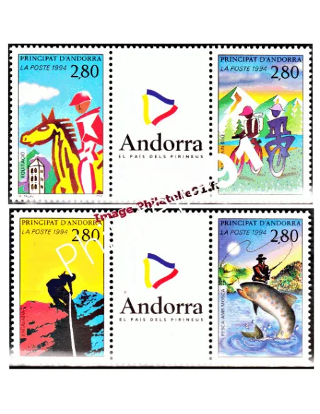 Timbres  d'Andorre Français n° 450A et 450B- Thématiques Tourisme et Sport