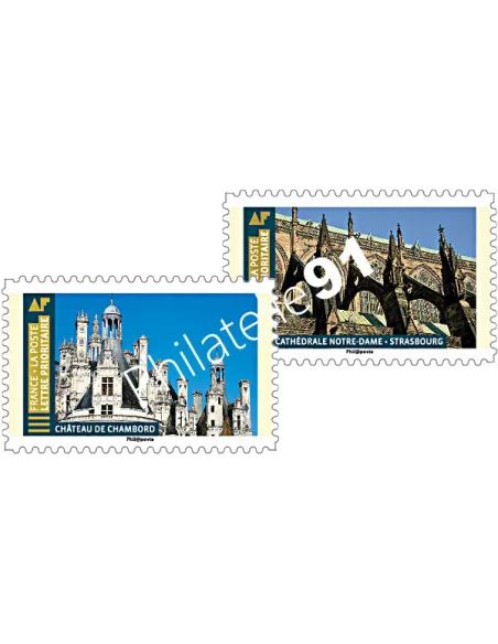 Timbres adhésifs Chambord et ND de Strasbourg, timbres France