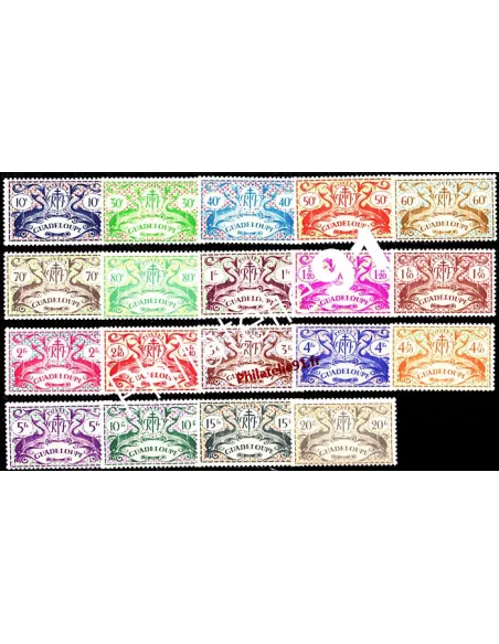 Timbres de Guadeloupe n°178-196, série de Londres, timbres colonies