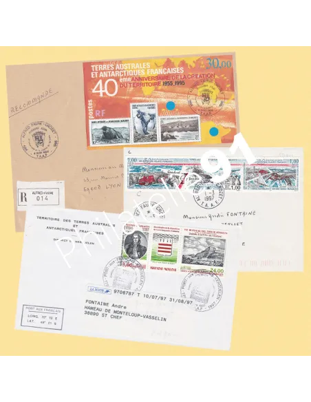 TAAF, Lot de 3 lettres oblitérées, collection timbres Dom-Tom