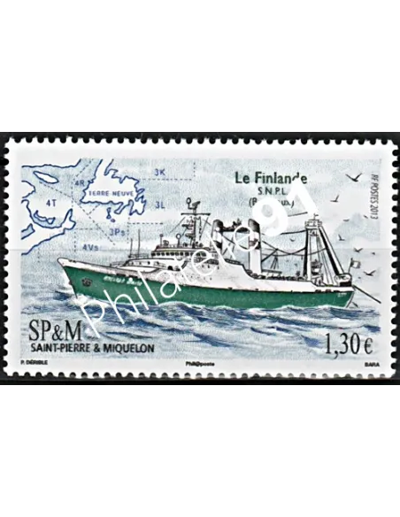 Timbre de Saint-Pierre et Miquelon n° 1066, bateau, collection Dom-Tom