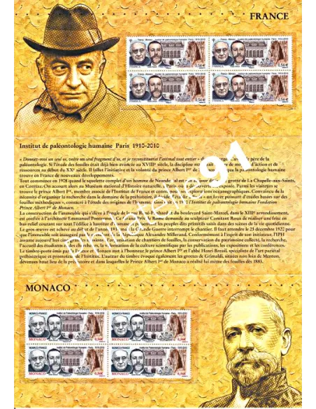 Pochette Émission commune P4456, France-Monaco,.Abbé Henri Breuil et prince Albert 1er de Monaco, collection timbres de France