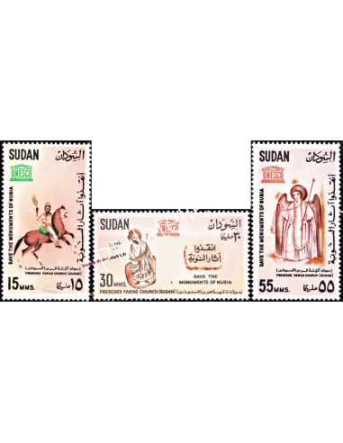 Timbres neufs du Soudan n° 162 à 164. sur le thème des monuments de Nubie.