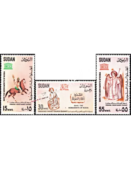 Timbres neufs du Soudan n° 162 à 164. sur le thème des monuments de Nubie.