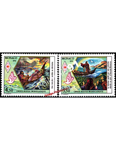 Timbres de MONACO n° 1797 - 1798 - Croix-Rouge - Vie de Sainte Dévôte (V) - Thématique : Religion - Croix-rouge