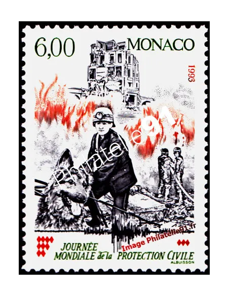 Timbre de MONACO n° 1870 - Pompiers, sauveteur avec chien