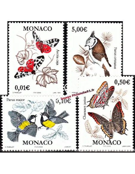 Timbres de Monaco n° 2323 à 2326 - Thématique : papillons et oiseaux