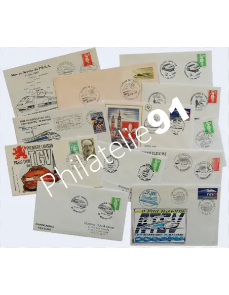 Tous Pays, Lot d'enveloppes avec oblitérations T.G.V., thèmatique Trains, collection timbres Thématiques