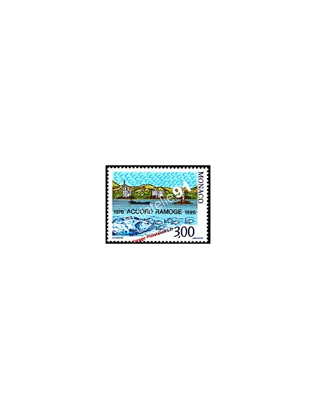 Timbre de MONACO - n° 2038 - Accord Ramoge - Poissons, navire, phare et littoral