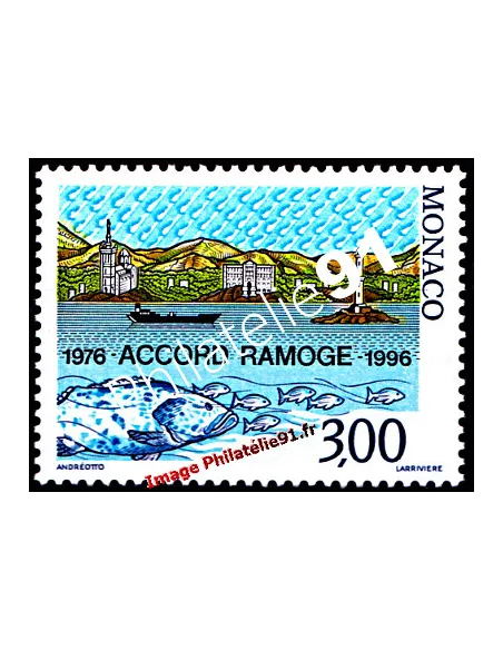 Timbre de MONACO - n° 2038 - Accord Ramoge - Poissons, navire, phare et littoral