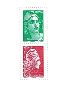 n° 5496 et 5253A - Paire verticale : Marianne de Gandon et Mariane l'Engagée issus du Carnet 70 ans de la mention premier Jour
