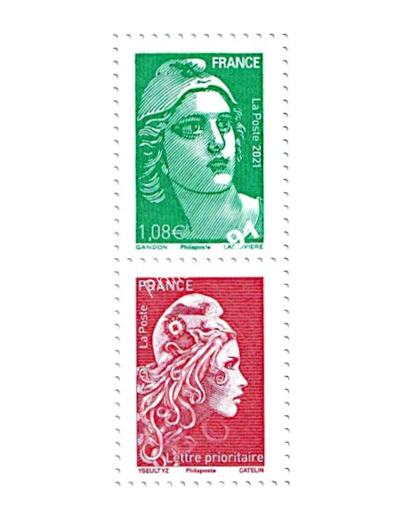 n° 5496 et 5253A - Paire verticale : Marianne de Gandon et Mariane l'Engagée issus du Carnet 70 ans de la mention premier Jour