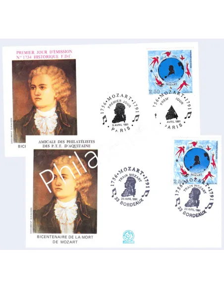 France, Lot de 2 enveloppes 1er jour Mozart,Collection lettre France