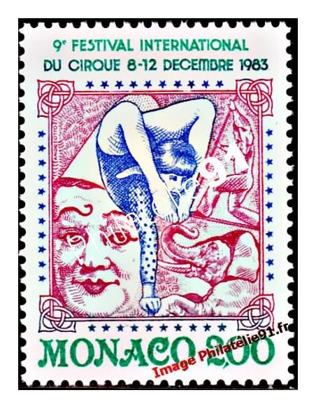 MONACO - n° 1397- Cirque - Clown, acrobate, éléphant, funambule