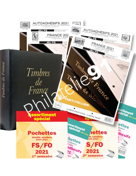 -                     2021  -  JEU  FS + ADHESIFS FRANCE + pochettes - 1er + 2e sem. 2021 + rel. FUTURA FRANCE noire (2 anneaux)