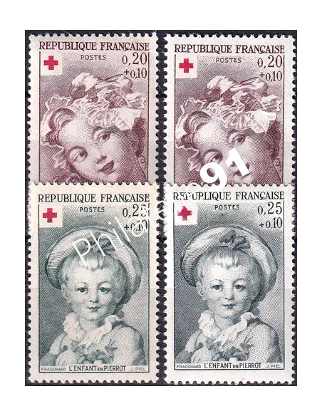 Variété sur timbres n° 1366 à 1367 + 1366a à 1367a, timbres France