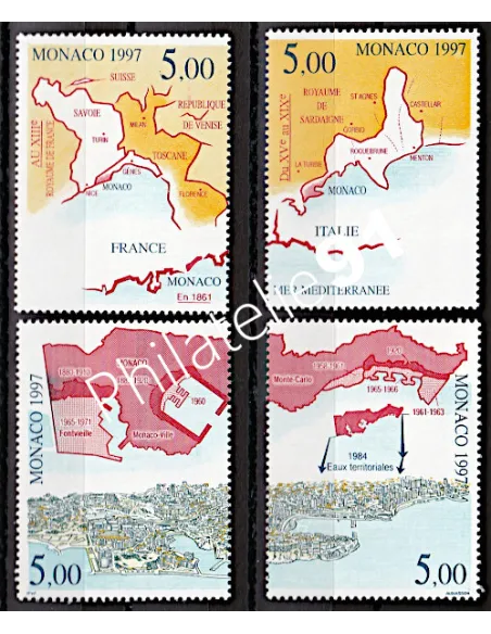 Timbres de MONACO - issus du BF n° 76 - Évolution géographique du Territoire de la Principauté