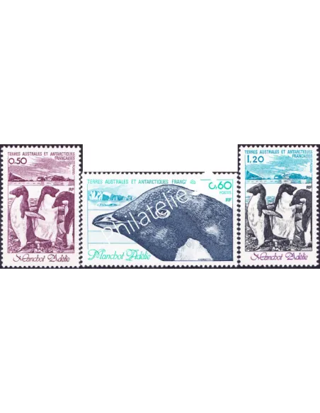 Timbres des TAAF n° 86 à 88,Le manchot d'Adélie, timbres des Dom-Tom