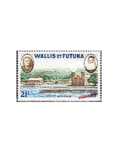 Timbre de WALLIS ET FUTUNA PA n° 16 - vue de Mata-Utu et effigies de la reine Amélia et de Mgr Bataillon.