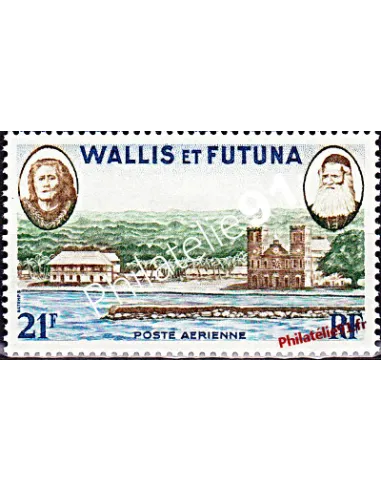 Timbre de WALLIS ET FUTUNA PA n° 16 - vue de Mata-Utu et effigies de la reine Amélia et de Mgr Bataillon.