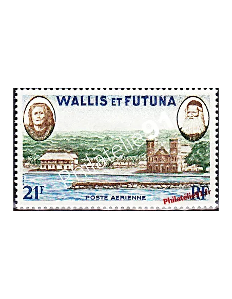 Timbre de WALLIS ET FUTUNA PA n° 16 - vue de Mata-Utu et effigies de la reine Amélia et de Mgr Bataillon.