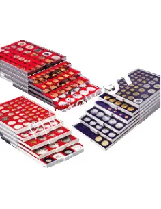 LINDNER - Box monnaies fumé (rouge foncé) avec alvéoles ronds pour monnaies et séries de monnaies sous capsules