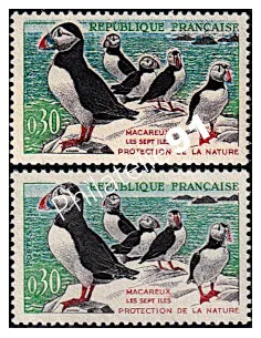 Variété. Timbre de France n° 1274b - Oiseaux - Macareux-moines - Variété
