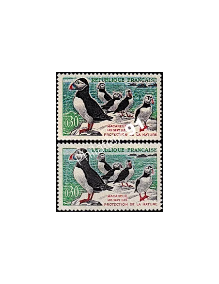 Variété. Timbre de France n° 1274b - Oiseaux - Macareux-moines - Variété
