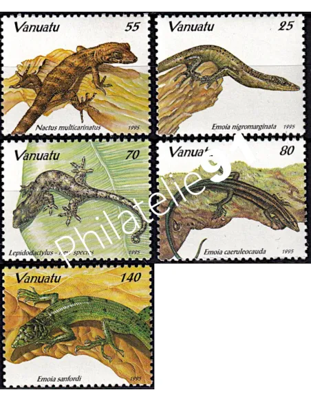 Timbres de Vanuatu n° 972 à 976, lézards, colonies Françaises