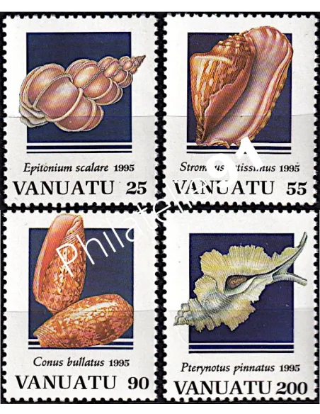 Timbres de Vanuatu n° 977 à 980, coquillages, colonies Françaises