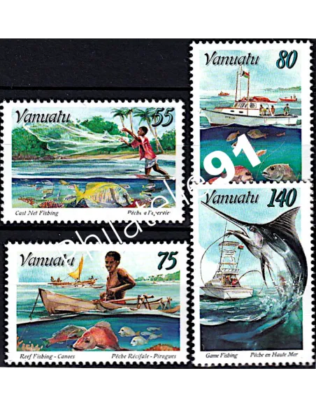 Timbres de Vanuatu n° 995 à 998, la pêche, colonies Françaises