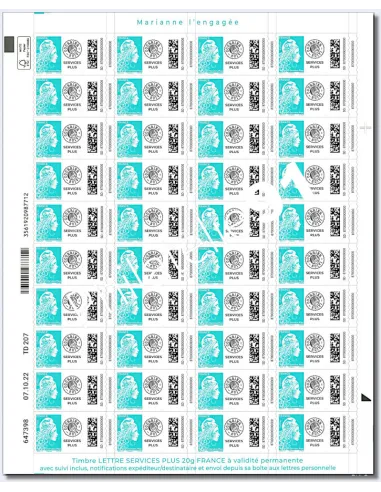 Timbre n° 2226, Marianne l'Engagée Lettre Service Plus, adhésif de feuille pro