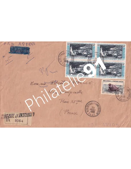 TAAF, enveloppe recommandée par avion pour Paris, timbres des Dom-Tom