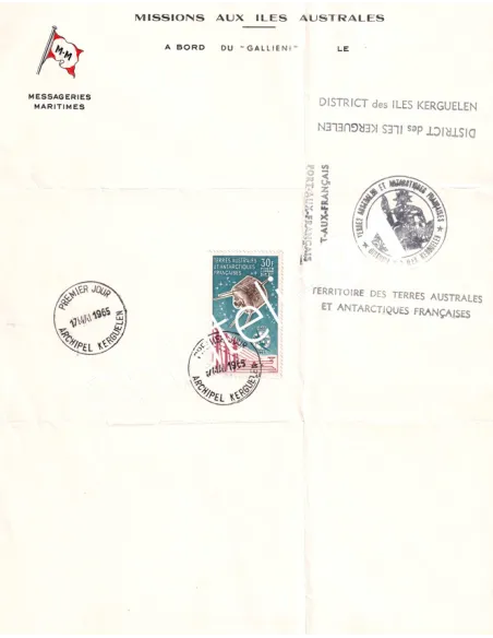TAAF, PA n° 9 oblitéré sur ducument maritime, timbres des Dom-Tom