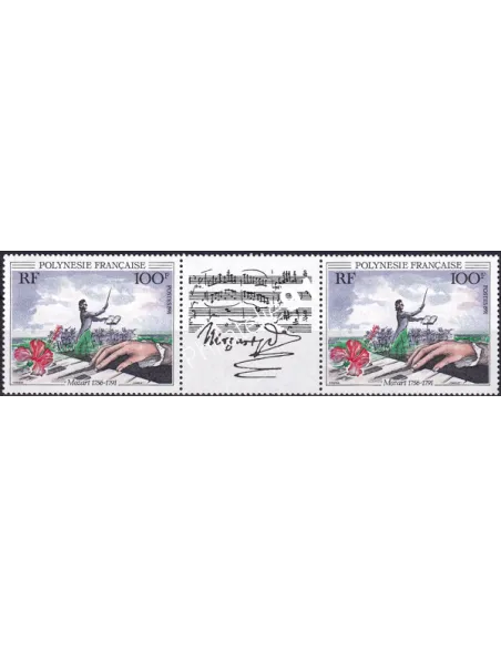 POLYNESIE, n° 389A, Paire avec vignette, Collection timbres Dom-Tom