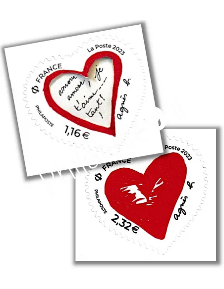 Les 2 timbres adhésifs coeurs Agnès B., timbres de France 2023