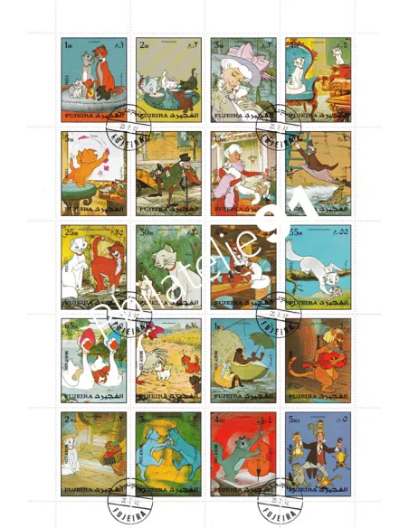 Fujeira, Feuille de timbres oblitérés, "Les Aristochats", timbres thématiques