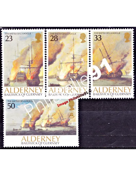 Timbres d'ALDERNEY n° 55 à 58 - Tricentenaire de la bataille navale de la Hougue