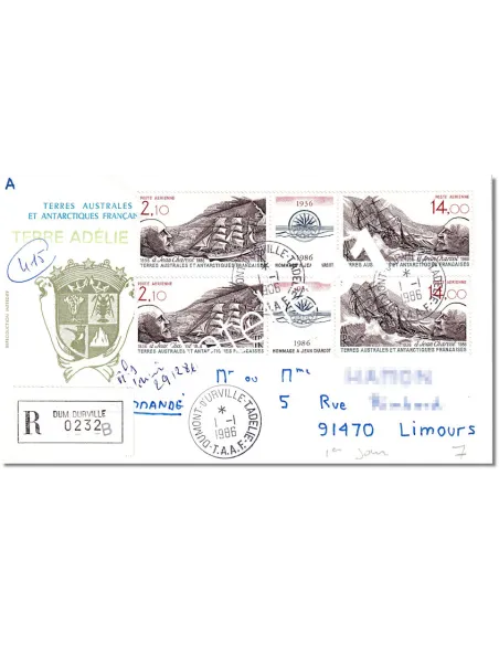 TAAF, n°  94A sur lettre recommandée, Lettres Dom-Tom