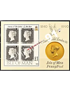 ILE DE MAN - BF n°   13 ** - 1er timbre poste - timbres sur timbre. Bloc de 4 du Penny Black - "London 90"
