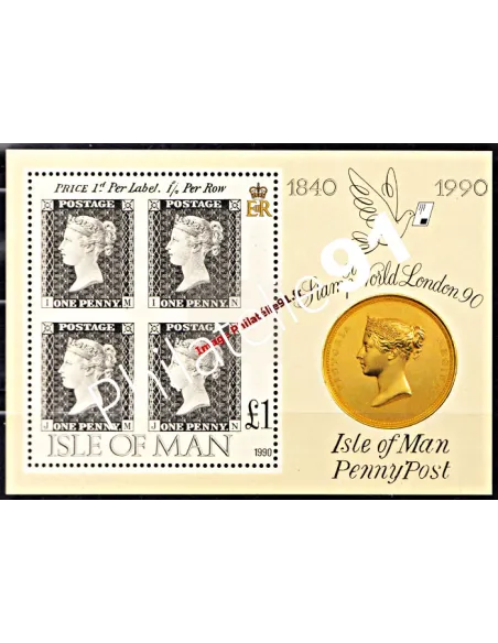ILE DE MAN - BF n°   13 ** - 1er timbre poste - timbres sur timbre. Bloc de 4 du Penny Black - "London 90"