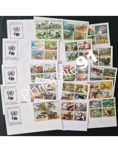 ONU, lot de 15 enveloppes 1er Jour, animaux, Collection lettres monde