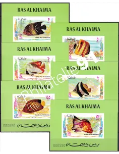 RAS AL KHAIMA, n° 628 à 633 sur 6 feuillets, fond vert, timbres Monde