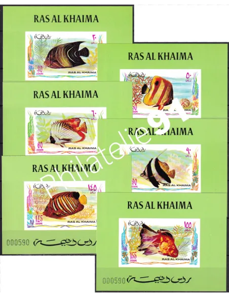 RAS AL KHAIMA, n° 628 à 633 sur 6 feuillets, fond vert, timbres Monde