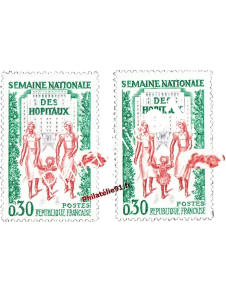 Timbre de France n° 1339 - Semaine nationale des hôpitaux. Variété : haut des cheveux de l'enfant coupé
