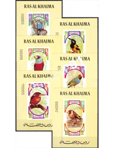 RAS AL KHAIMA, n° 593 à 598 sur 6 feuillets, fond jaune, timbres Monde